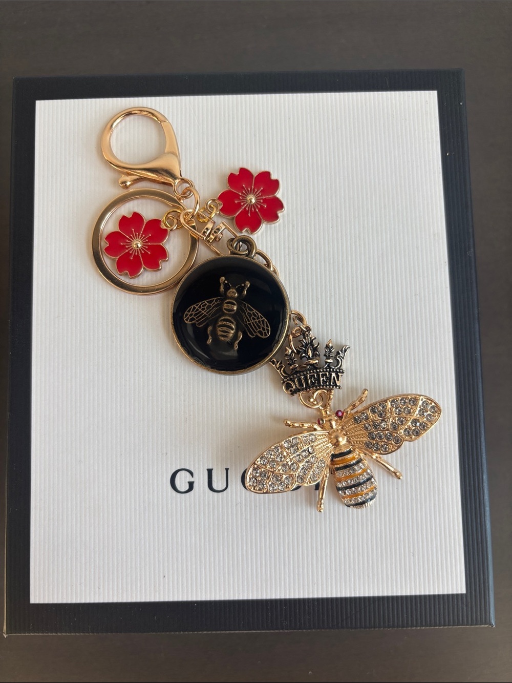 Gucci Black Enamel Bee Medallion Pendant, Queen Bee Bag Charm, 5.25 in.